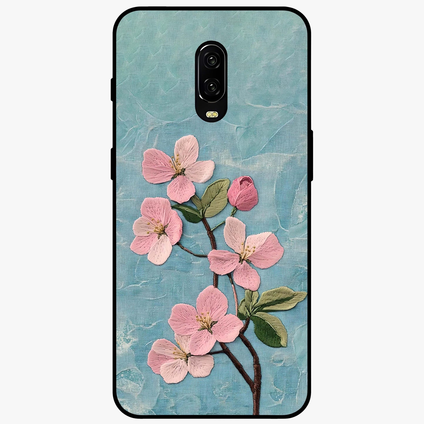 Threaded Blossom Breeze Glass Case showing flat back view with delicate blossom artwork and glossy glass finish.