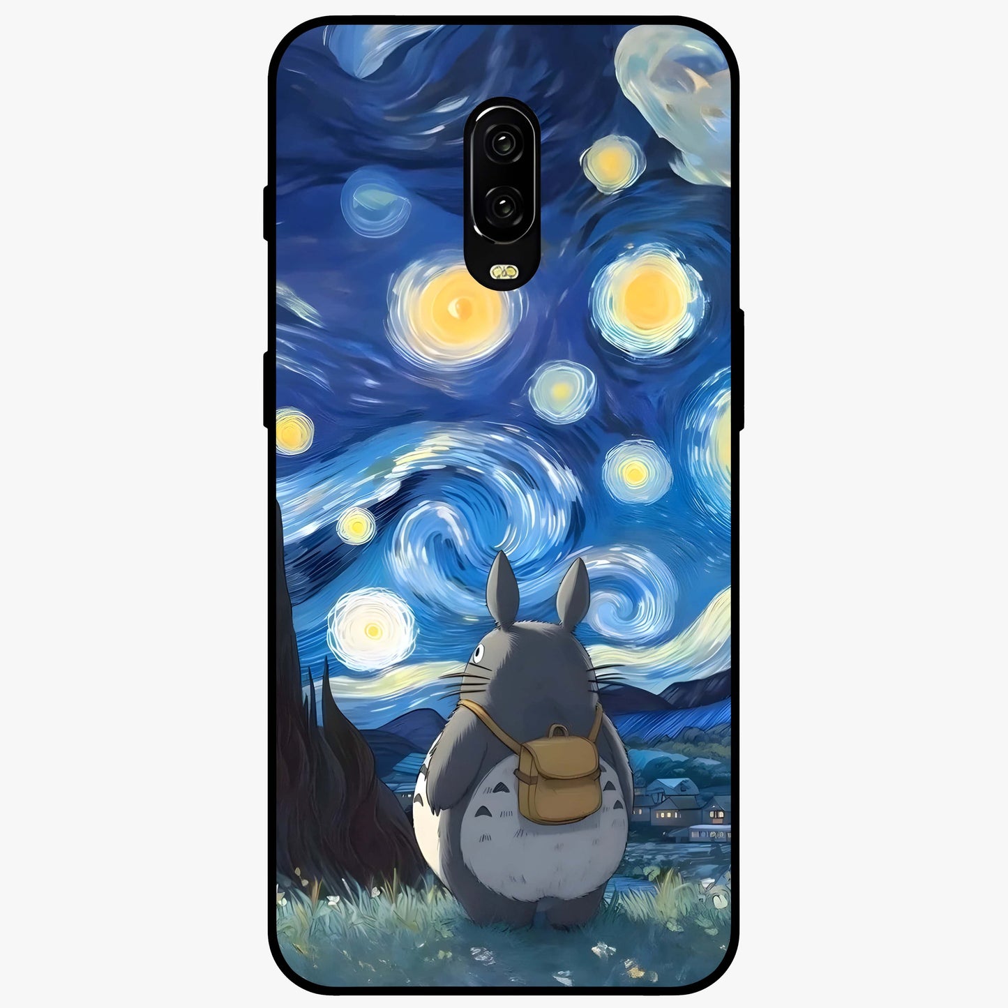 Totoro In Van Gogh Art Glass Case showing flat back view with whimsical character artwork inspired by Van Gogh style and glossy glass finish.