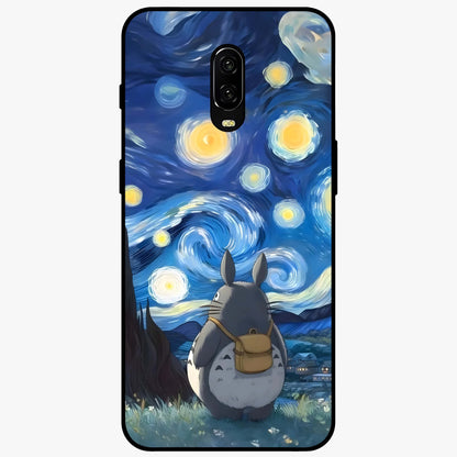 Totoro In Van Gogh Art Glass Case showing flat back view with whimsical character artwork inspired by Van Gogh style and glossy glass finish.