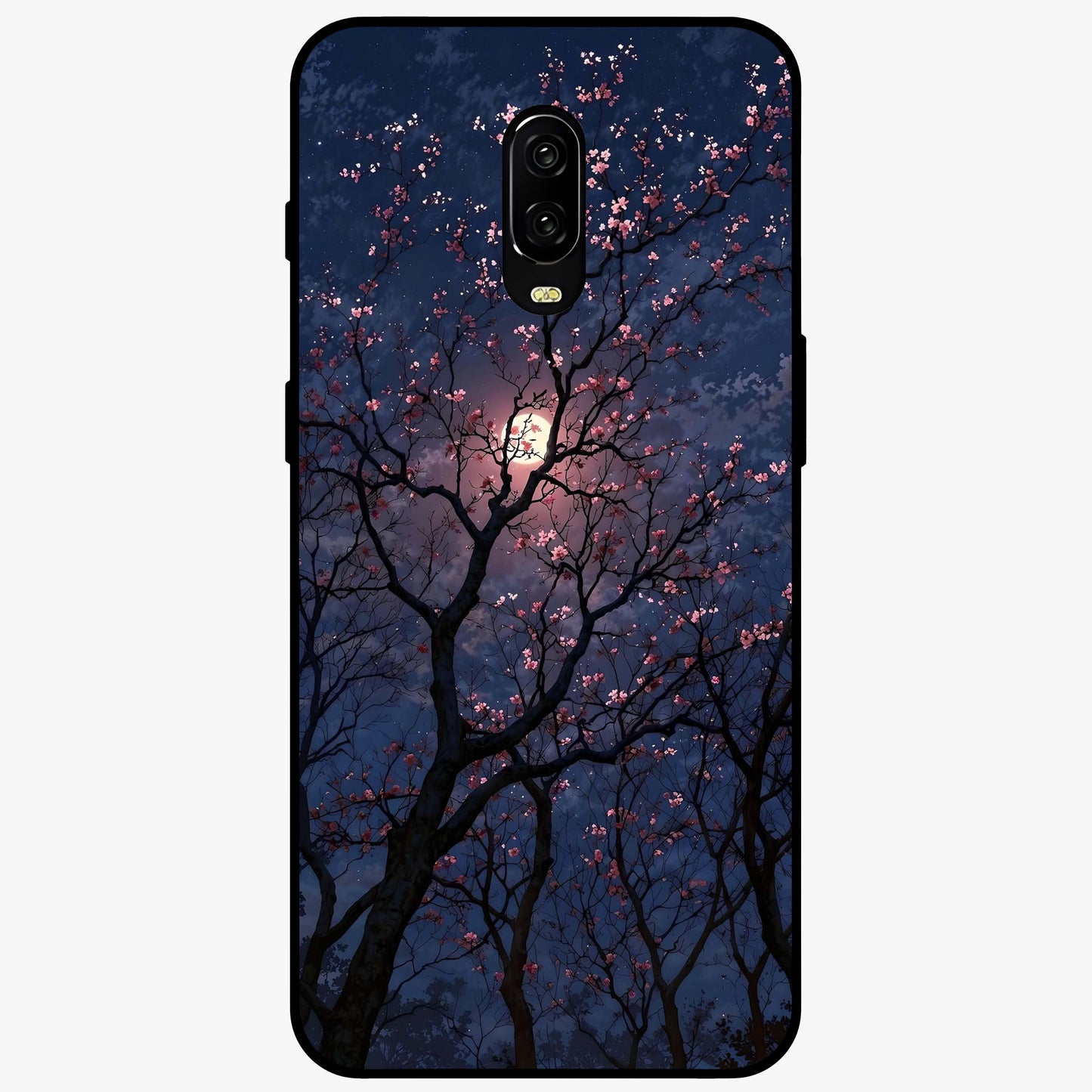 Twilight Sakura Serenade Glass Case showing flat back view with cherry blossom artwork at twilight and glossy glass finish.