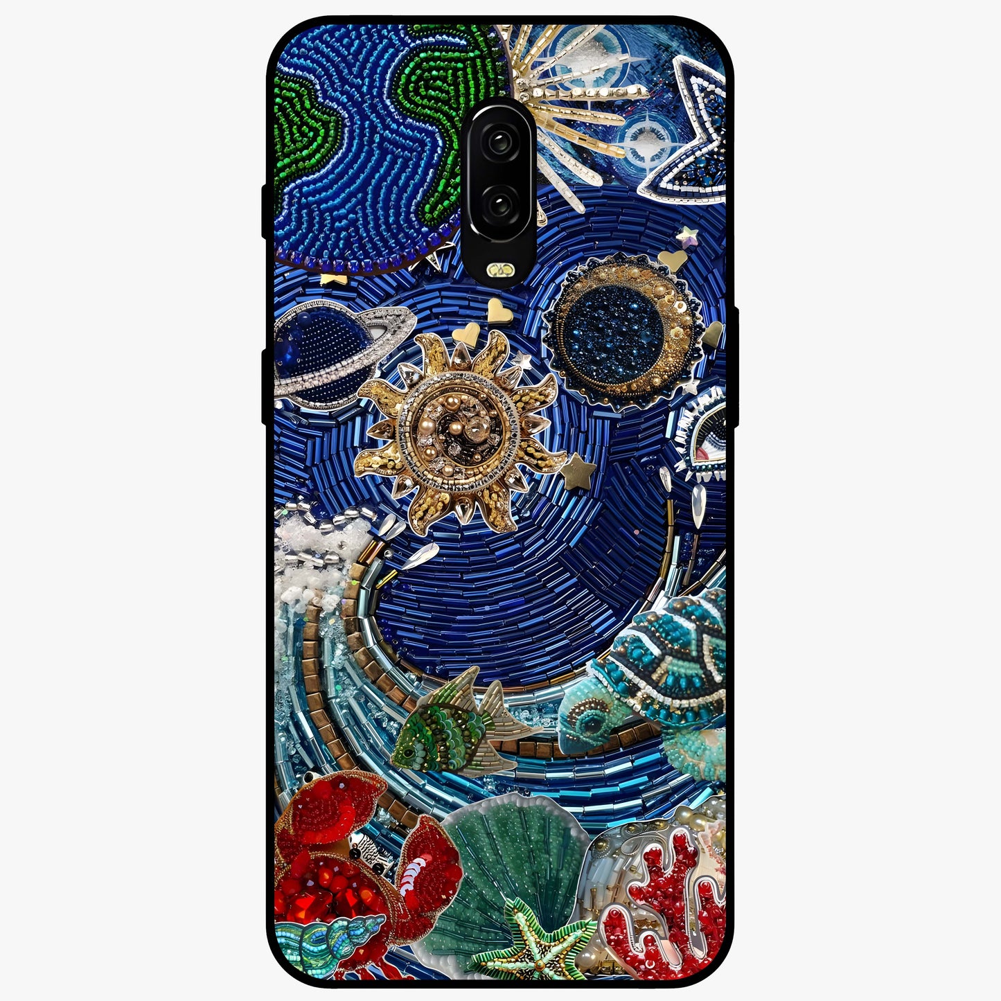 Universe Underwater Spark Glass Case showing flat back view with cosmic underwater themed artwork and glossy glass finish.