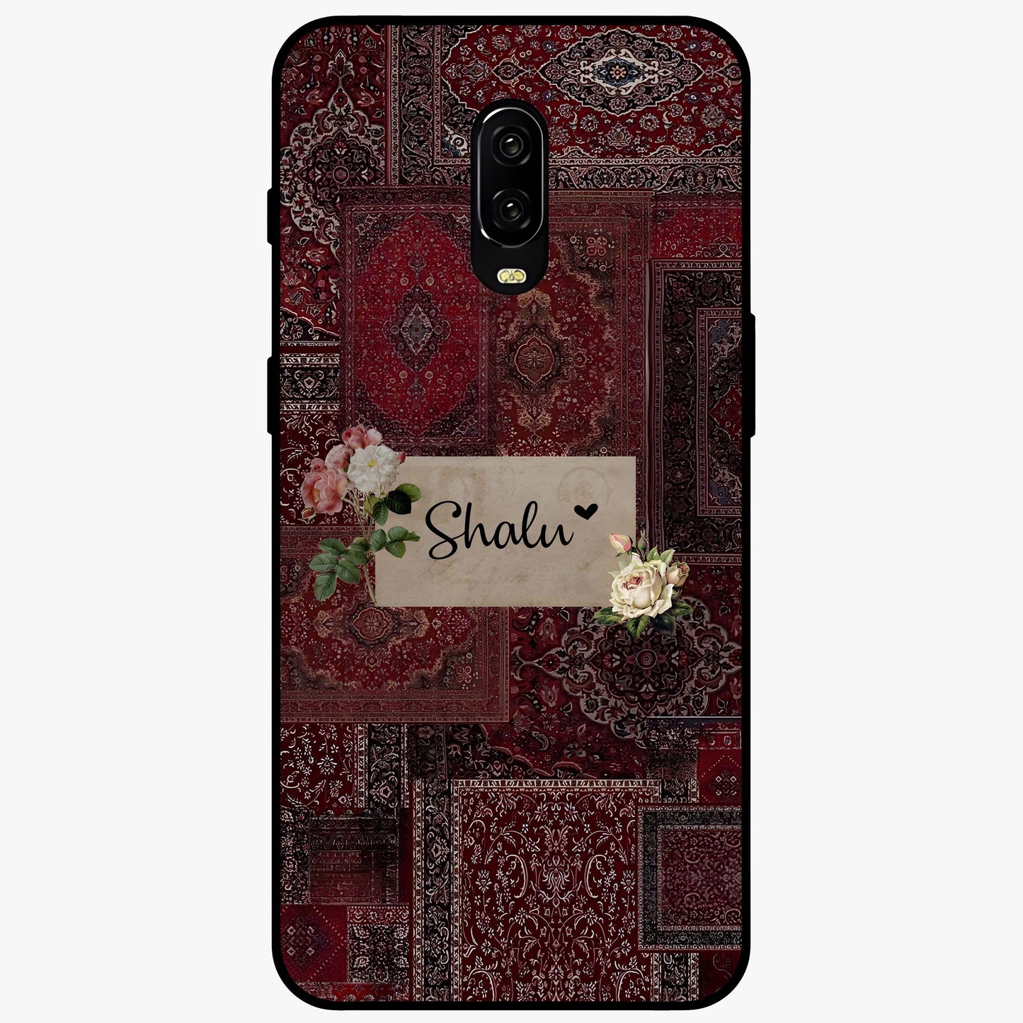 Velvet Wine Pattern Custom Name Glass Case showing flat back view with elegant wine colored pattern artwork and personalized name design.