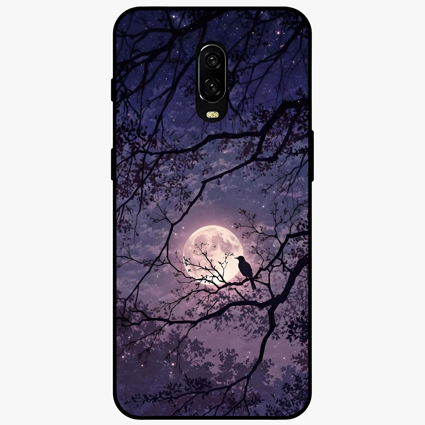Whispering Moon Silence Glass Case showing flat back view with serene moon themed artwork and glossy glass finish.