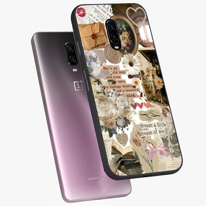 Aesthetic Brown Vintage Collage Glass Case displayed in angled mockup highlighting vintage aesthetic collage design.