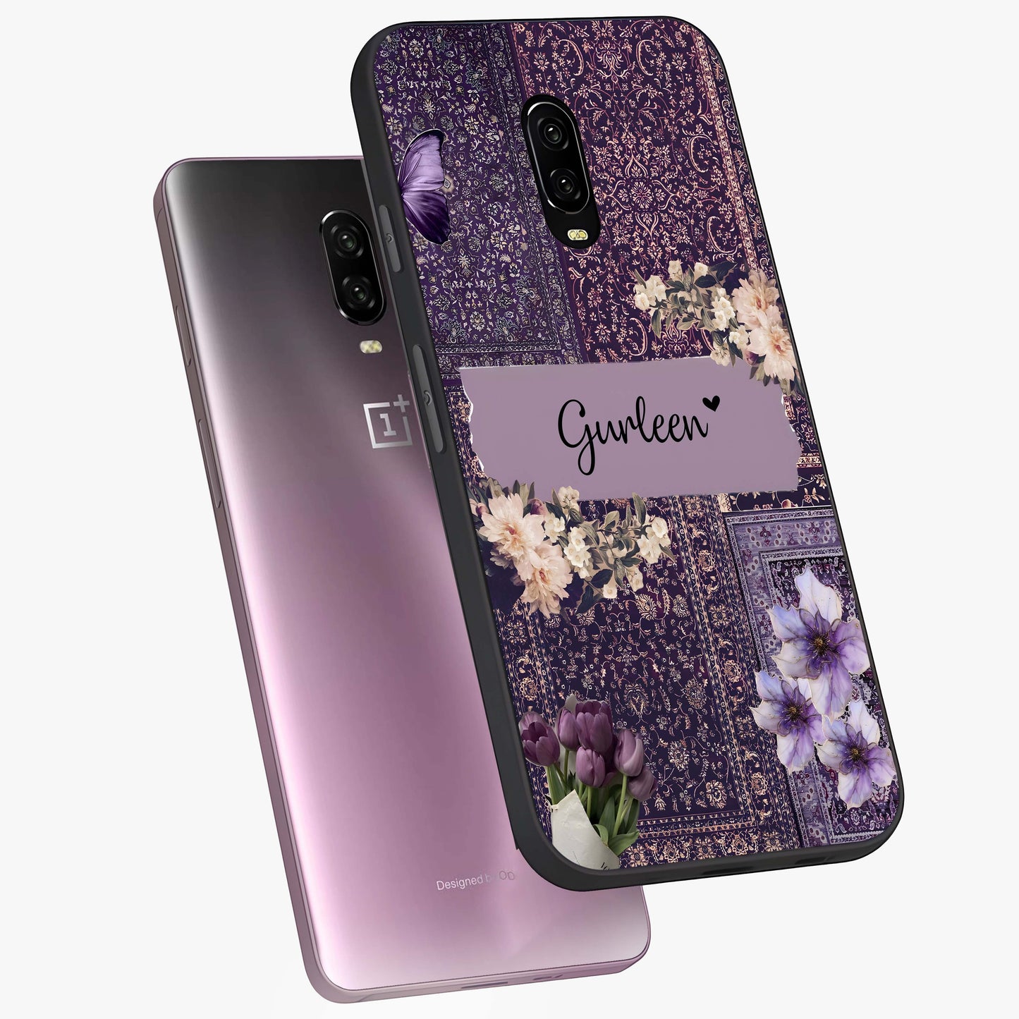 Antique Floral Whisper Custom Name Glass Case displayed in angled mockup highlighting elegant antique floral aesthetic.