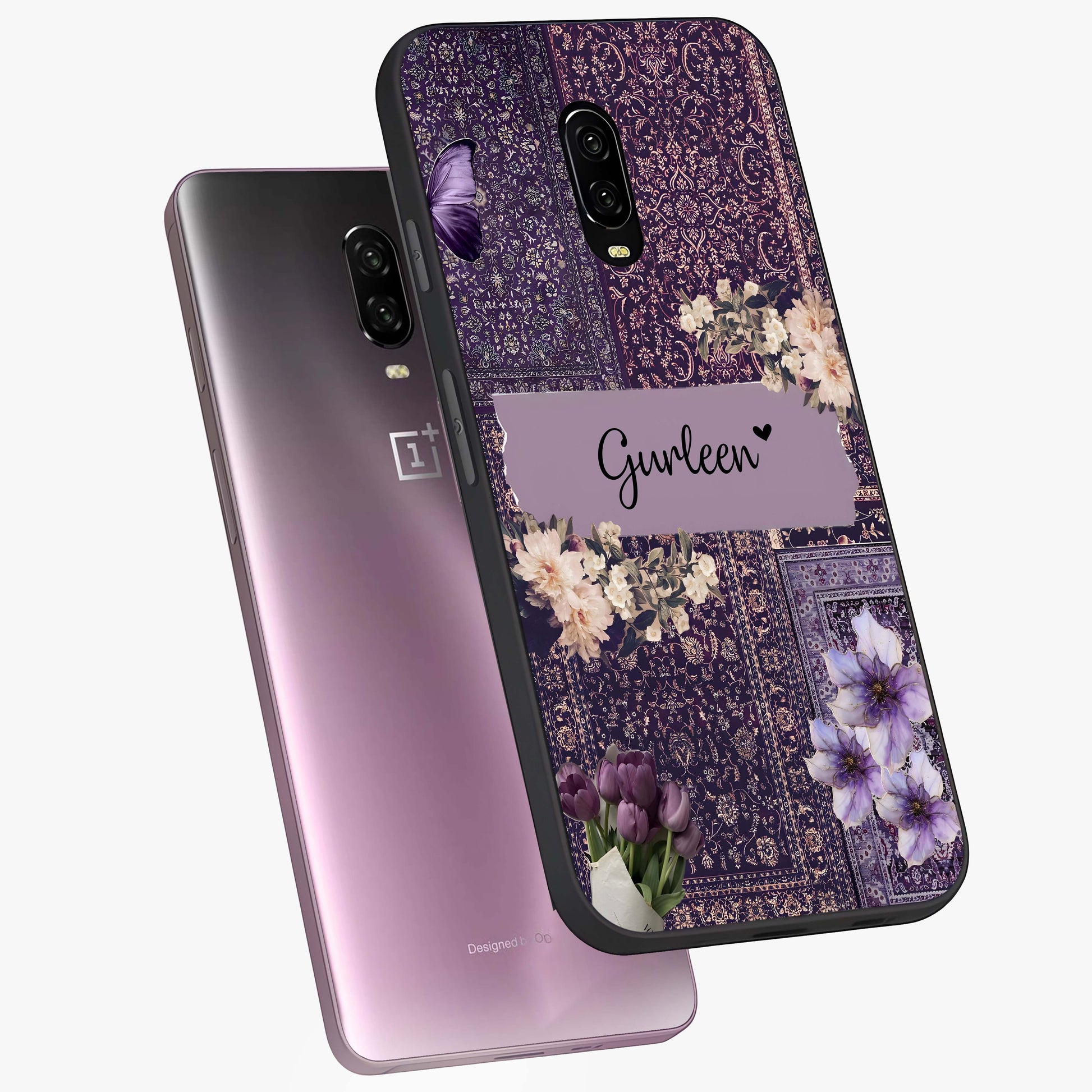 Antique Floral Whisper Custom Name Glass Case displayed in angled mockup highlighting elegant antique floral aesthetic.