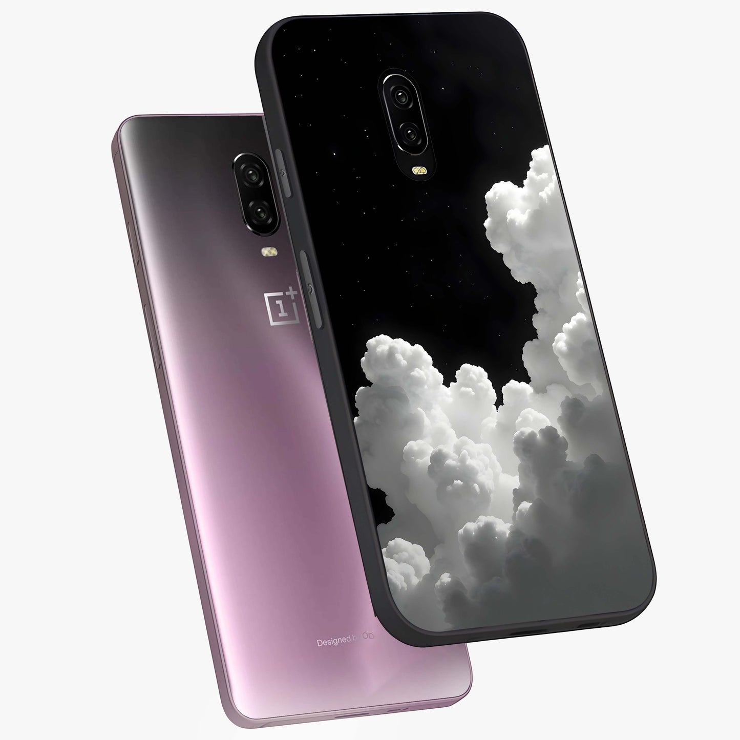 Black Background With White Cloud Glass Case displayed in angled mockup highlighting soft white cloud illustration and minimal design.