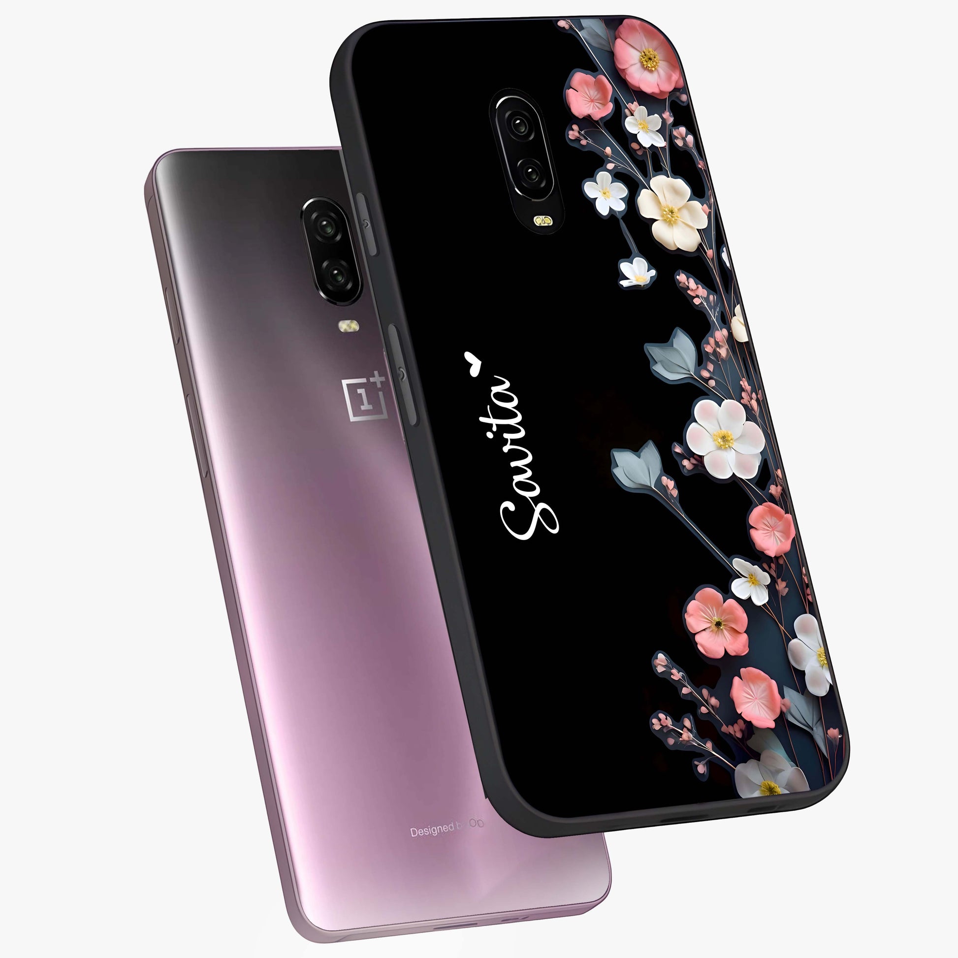Black Elegance Floral Custom Name Glass Case displayed in angled mockup highlighting dark floral aesthetic and custom name feature.