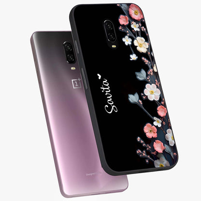 Black Elegance Floral Custom Name Glass Case displayed in angled mockup highlighting dark floral aesthetic and custom name feature.