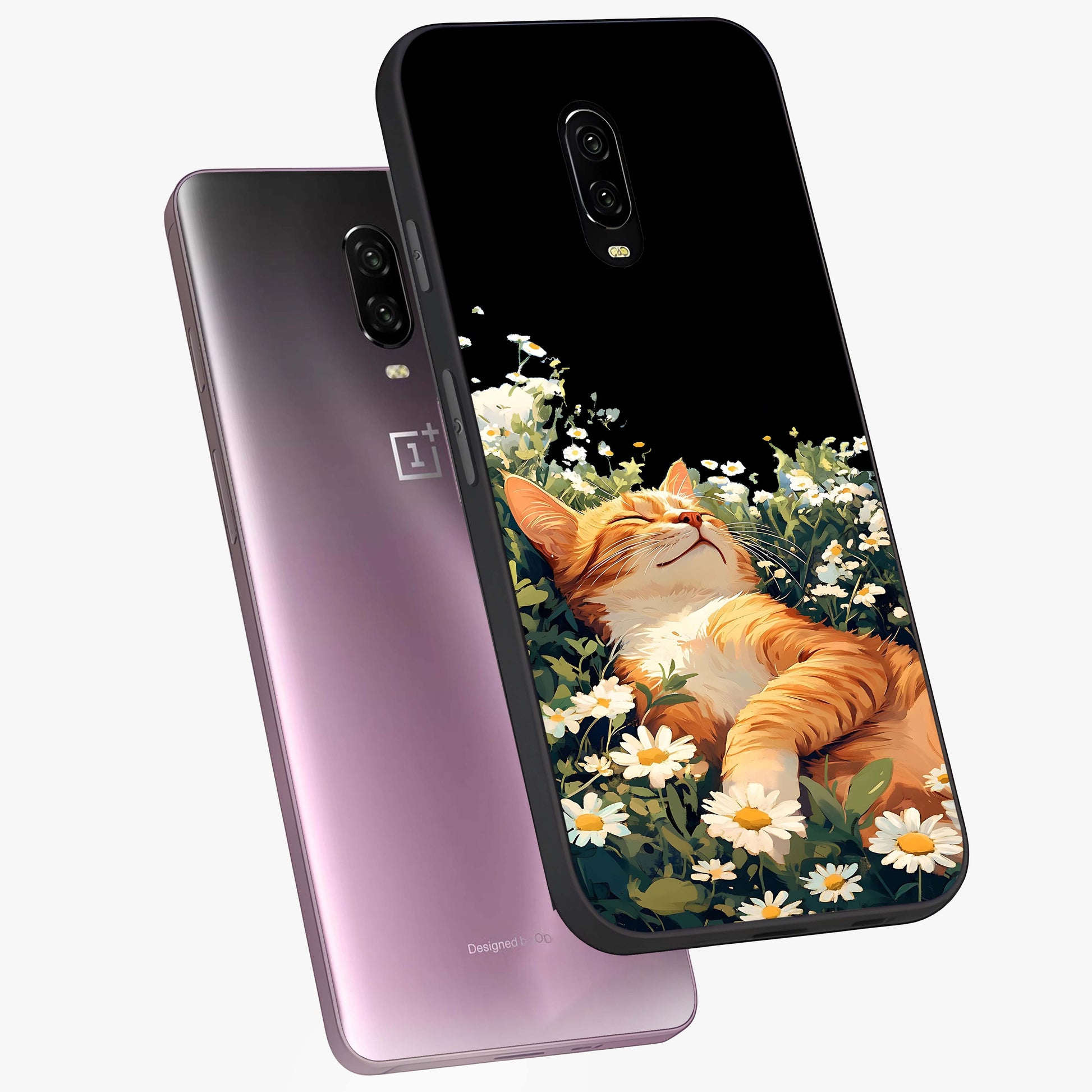 Blissful Bloom Cat Glass Case displayed in angled mockup highlighting playful feline illustration with soft floral aesthetic.