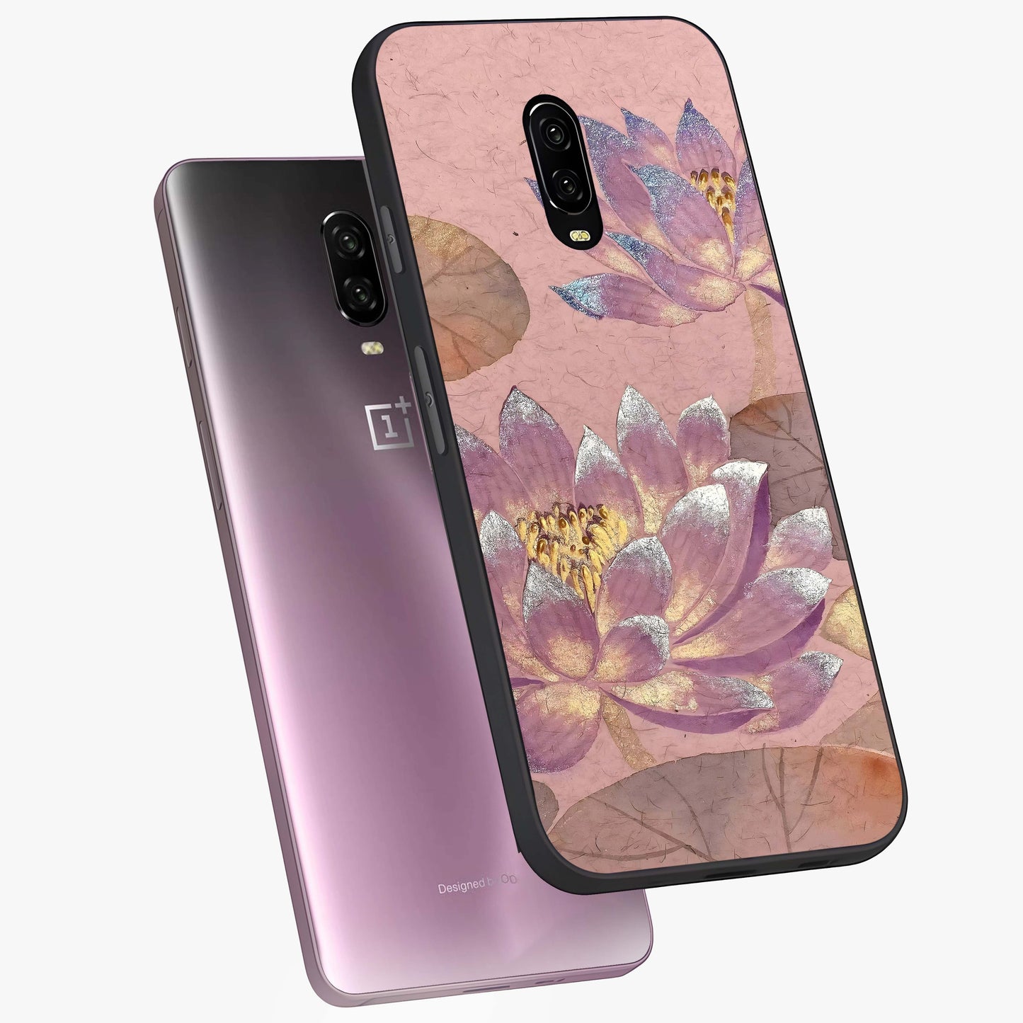 Blossom Mist Lotus Glass Case displayed in angled mockup highlighting delicate lotus illustration with calm aesthetic theme.