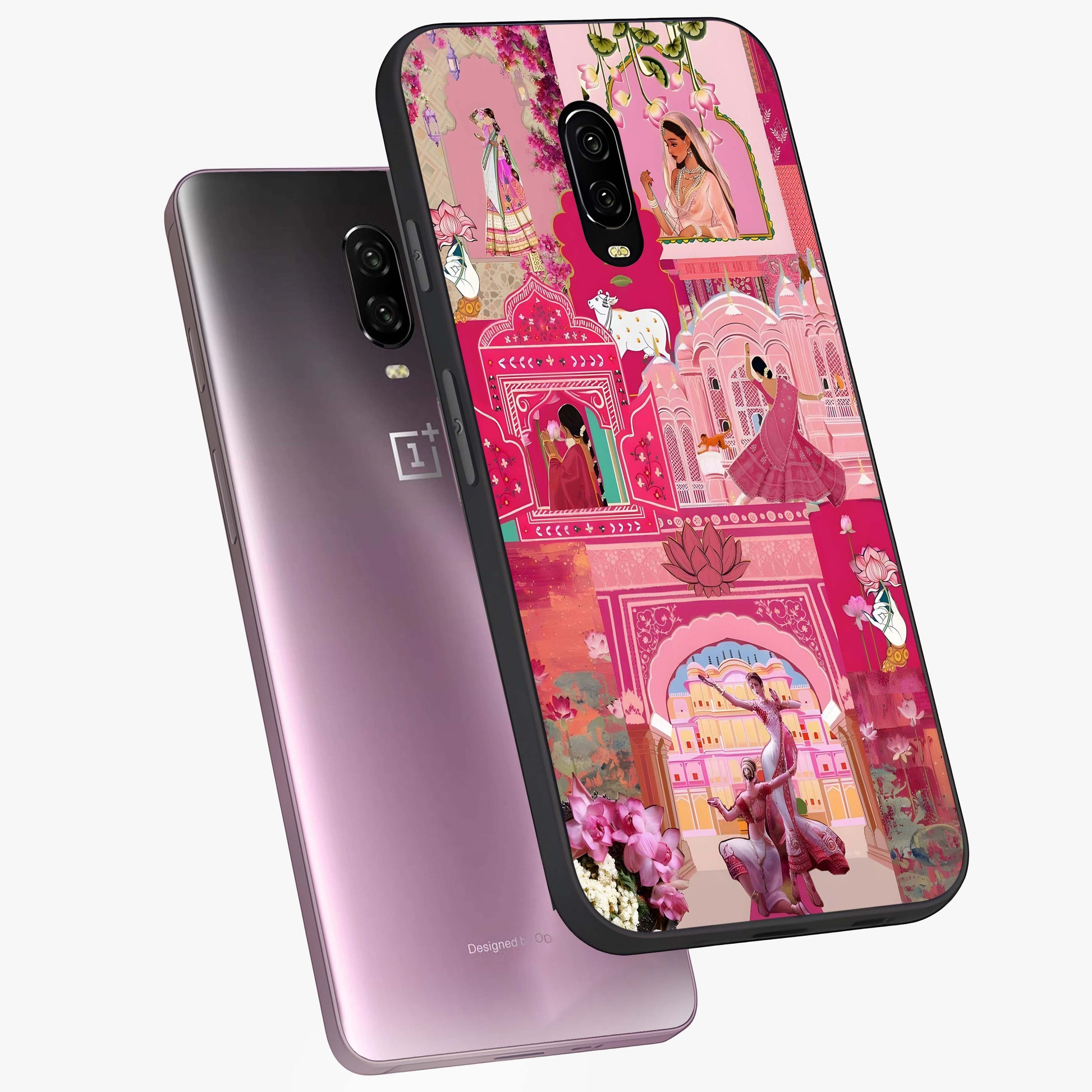 Blossoms of Rajasthan Glass Case displayed in angled mockup highlighting vibrant floral pattern with cultural aesthetic style.