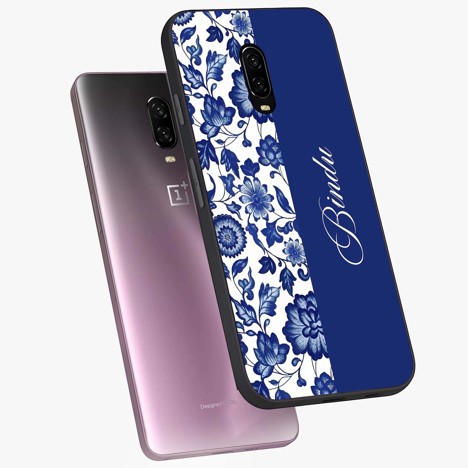 Blue Vintage Floral Pattern Glass Case displayed in angled mockup highlighting subtle bloom pattern with aesthetic pastel design.