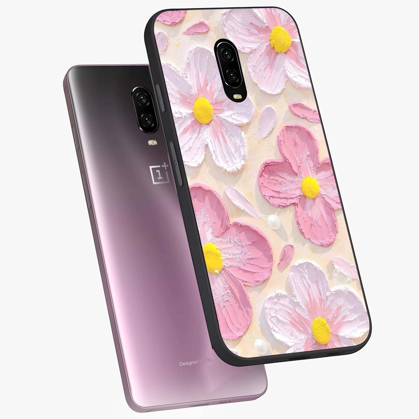 Blush Bloom Texture Glass Case displayed in angled mockup highlighting subtle bloom pattern with aesthetic pastel design.