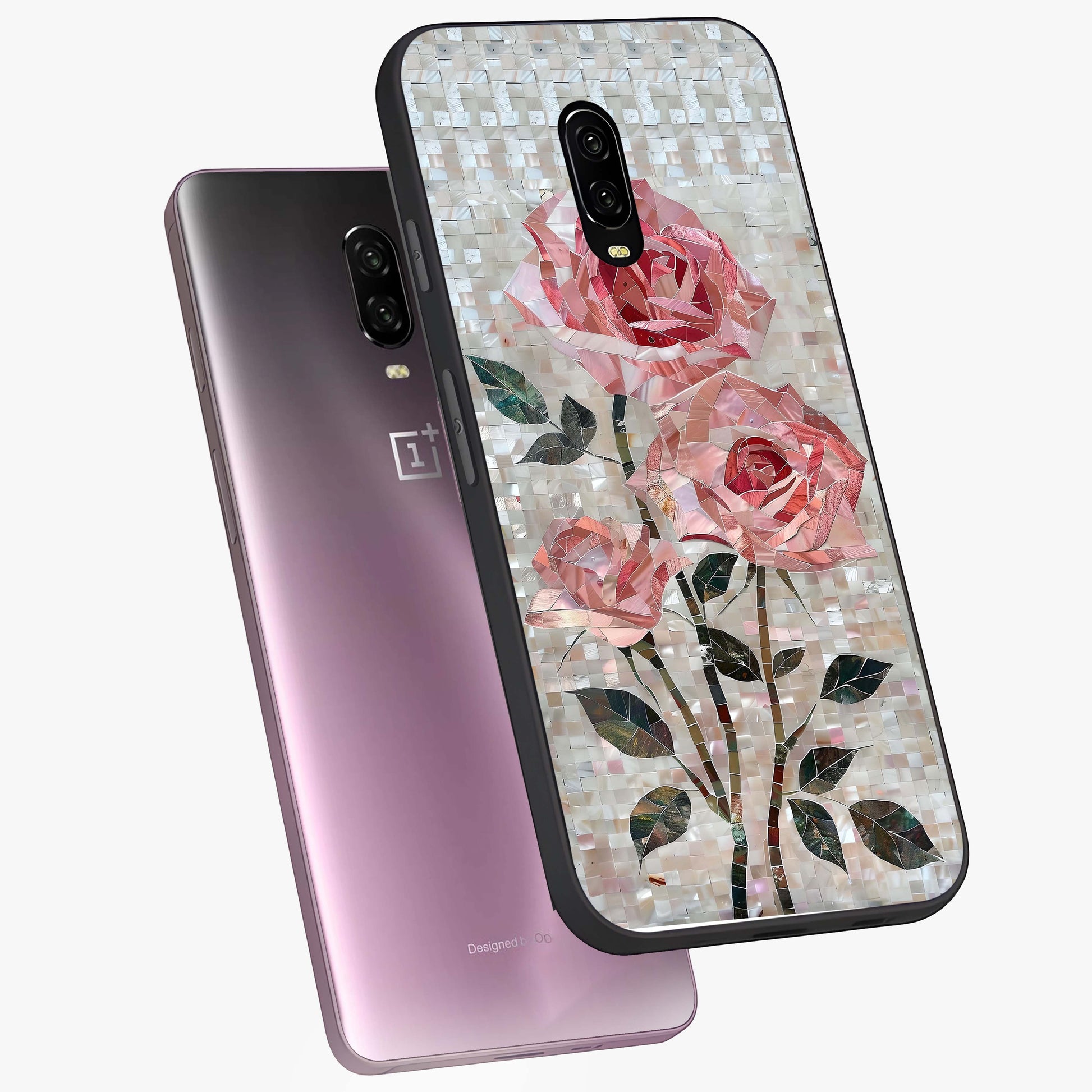Blush Mosaic Bloom Glass Case displayed in angled mockup highlighting artistic mosaic flower pattern with aesthetic design.