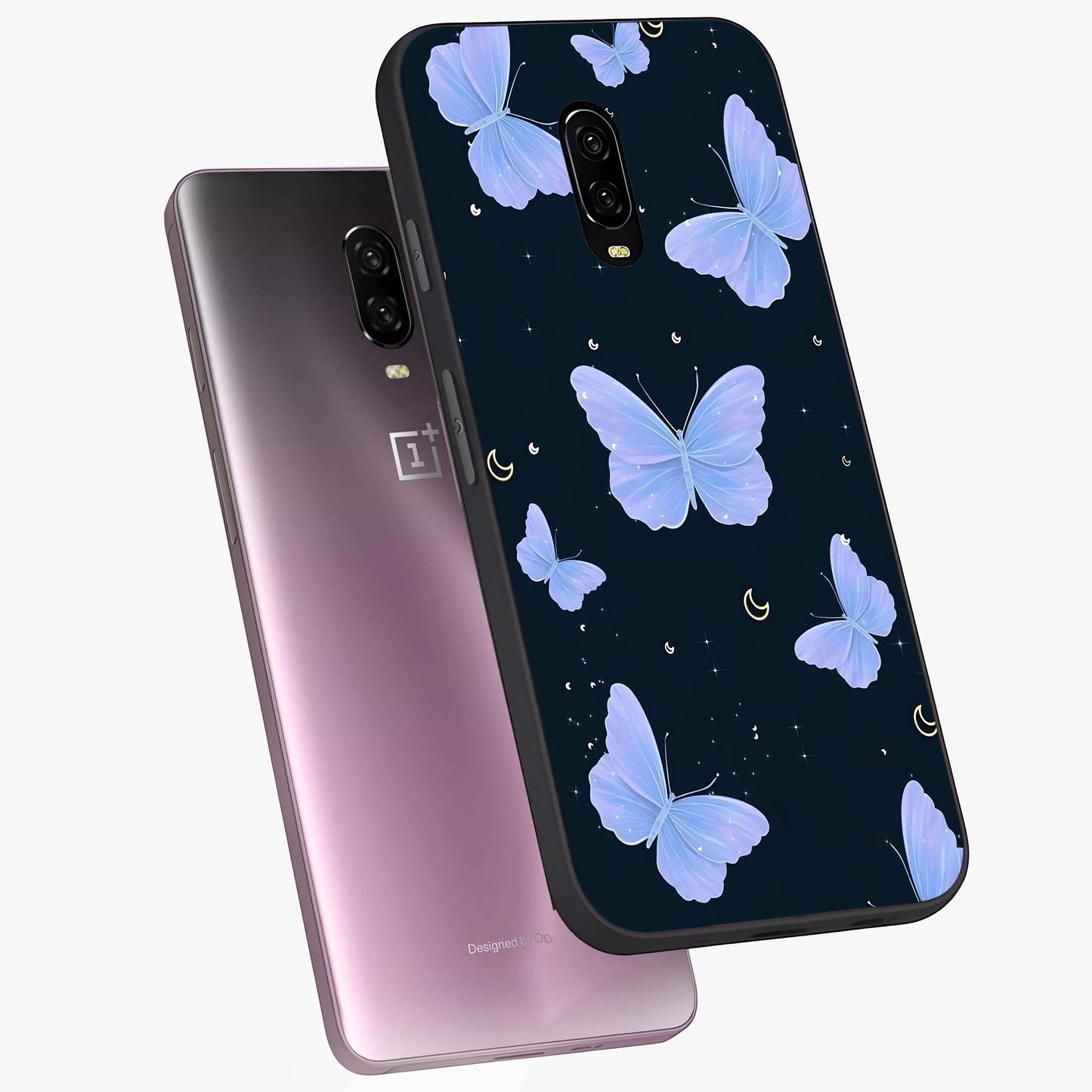 Butterfly With Stars Pattern Glass Case displayed in angled mockup highlighting dreamy butterfly and star design with aesthetic theme.