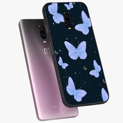 Butterfly With Stars Pattern Glass Case displayed in angled mockup highlighting dreamy butterfly and star design with aesthetic theme.
