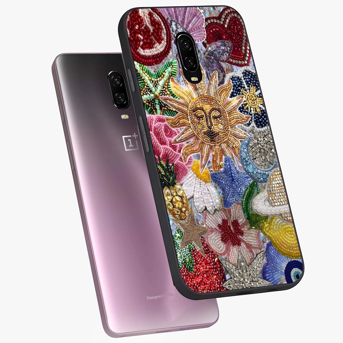 Celestial Floral and Playful Glass Case displayed in angled mockup highlighting playful floral design with dreamy celestial elements.