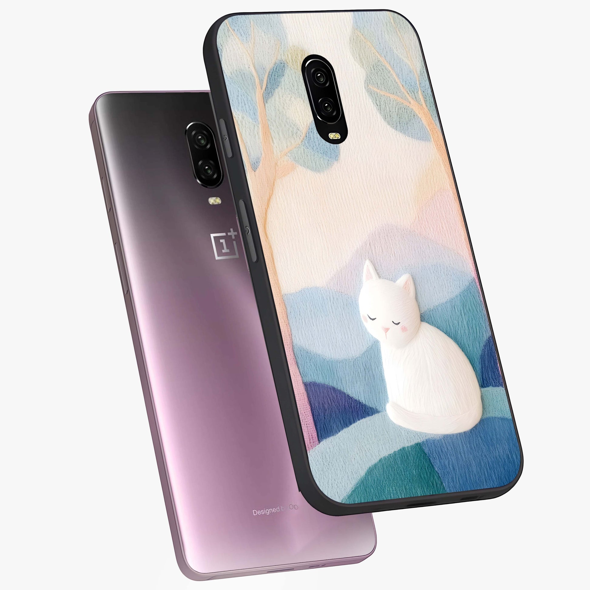 Cotton Dream Cat Glass Case displayed in angled mockup highlighting cute feline illustration with pastel aesthetic style.