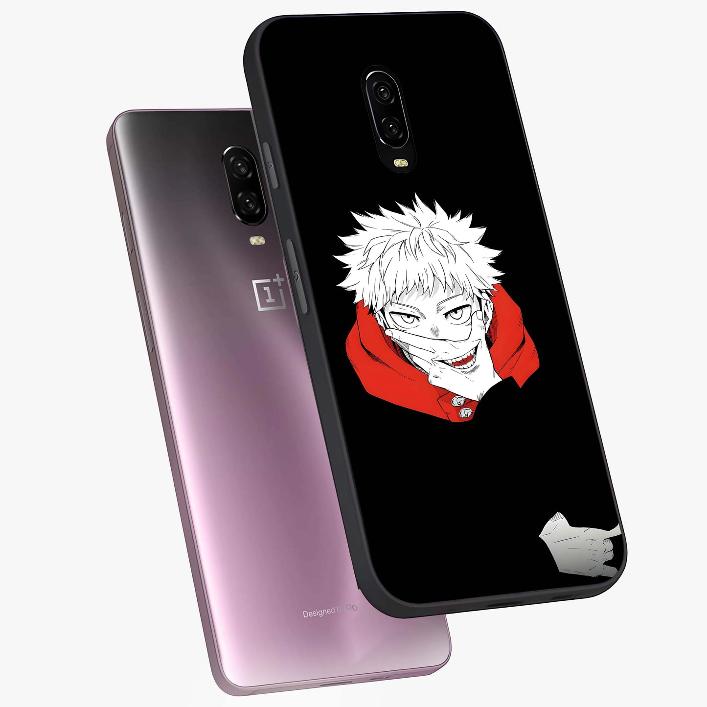 Crimson Chaos Smile Glass Case displayed in angled mockup highlighting edgy crimson smile design with graphic aesthetic.
