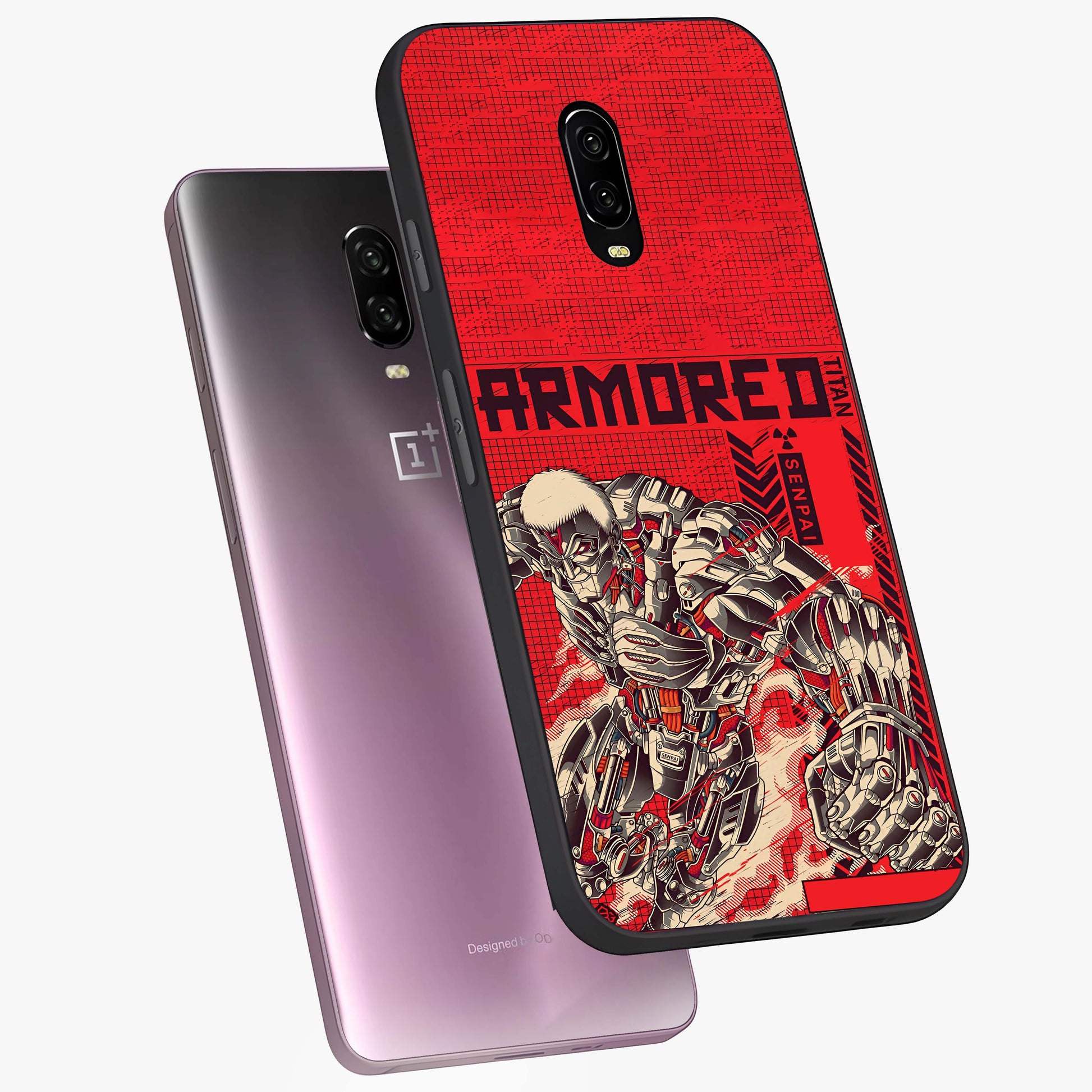 Crimson Mecha Titan Glass Case displayed in angled mockup highlighting futuristic mech illustration with bold crimson aesthetic.