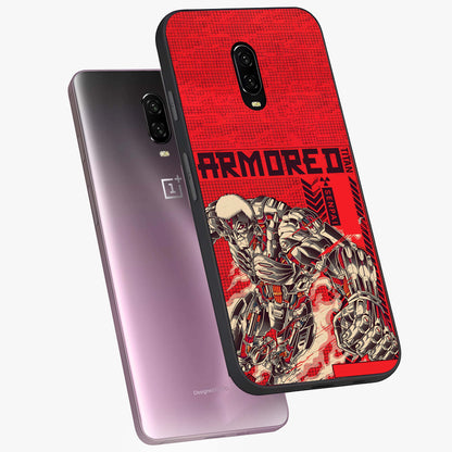 Crimson Mecha Titan Glass Case displayed in angled mockup highlighting futuristic mech illustration with bold crimson aesthetic.