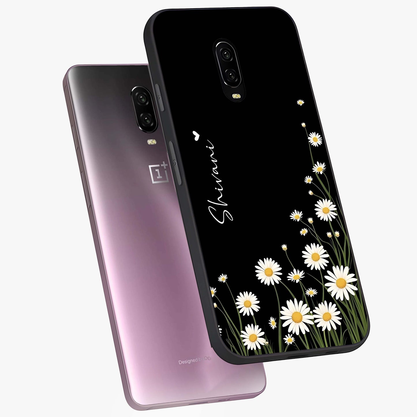 Daisy Cascade Custom Name Glass Case displayed in angled mockup highlighting delicate daisy artwork with custom name feature.