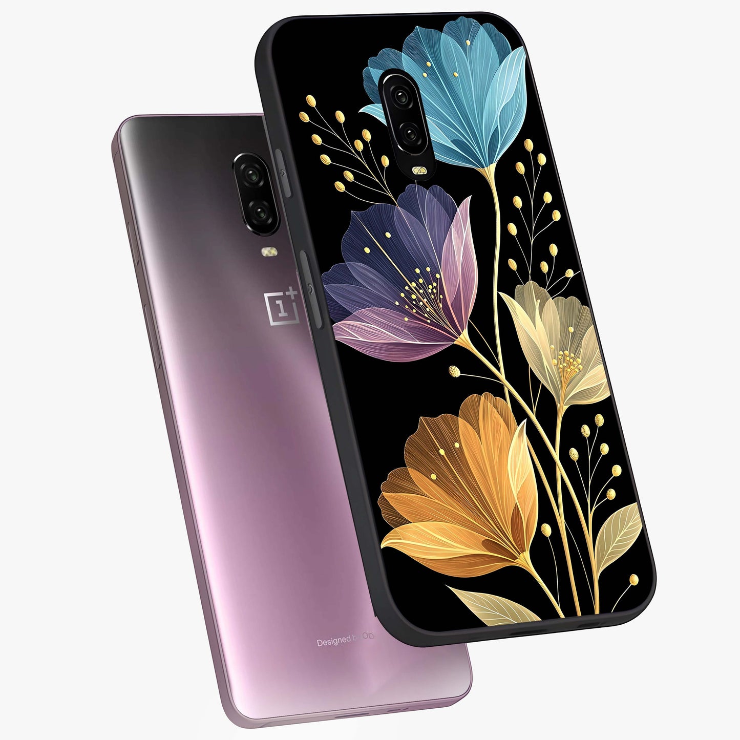 Delicate Multicolor Flowers Glass Case displayed in angled mockup highlighting colorful flower pattern with soft aesthetic style.