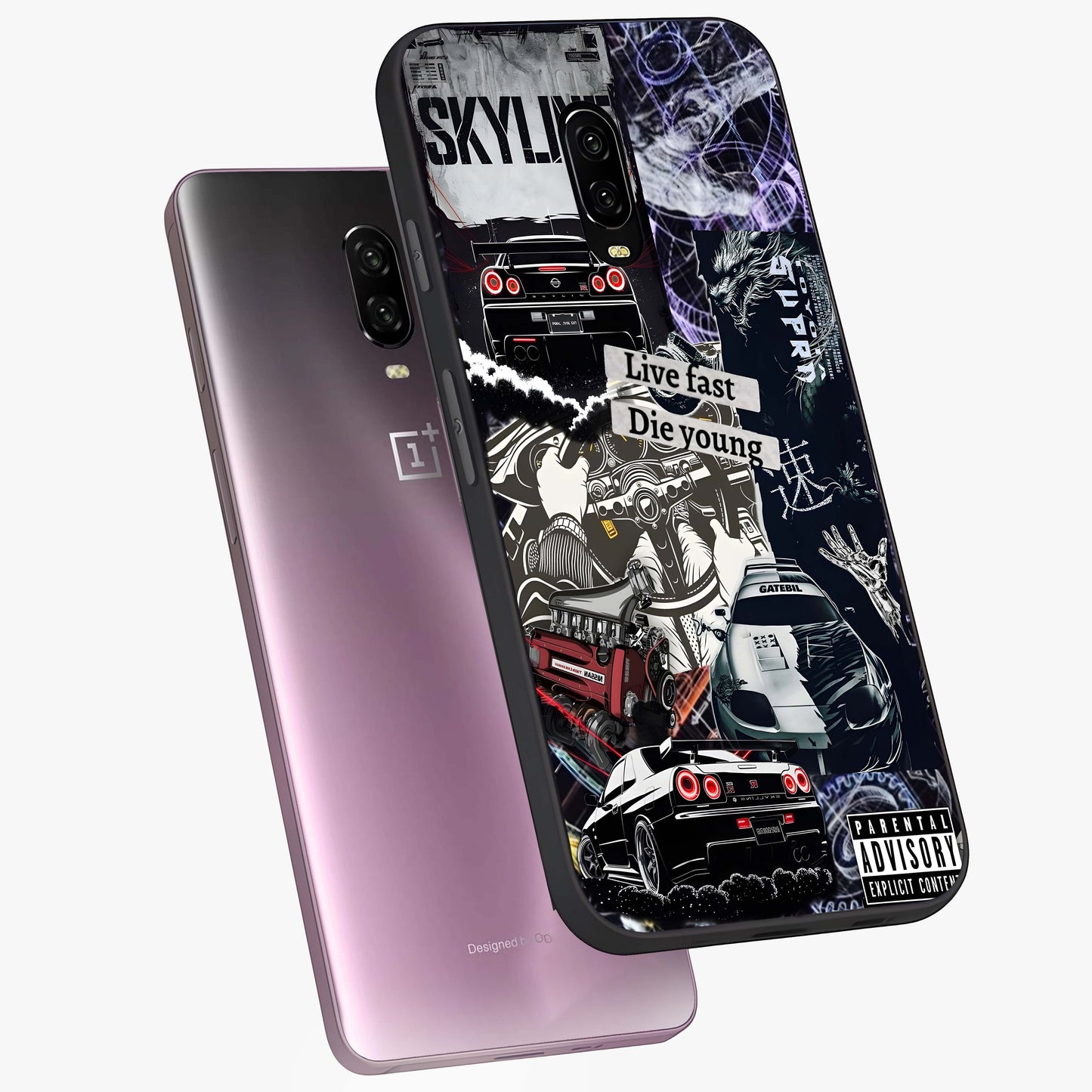 Die Young Glass Case displayed in angled mockup highlighting expressive graphic artwork with edgy aesthetic style.