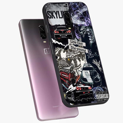 Die Young Glass Case displayed in angled mockup highlighting expressive graphic artwork with edgy aesthetic style.