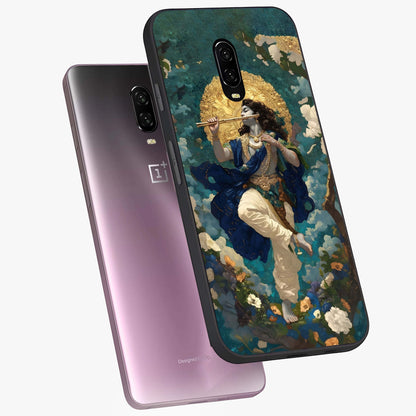 Divine Krishna Art Glass Case displayed in angled mockup highlighting spiritual Krishna illustration with devotional aesthetic.