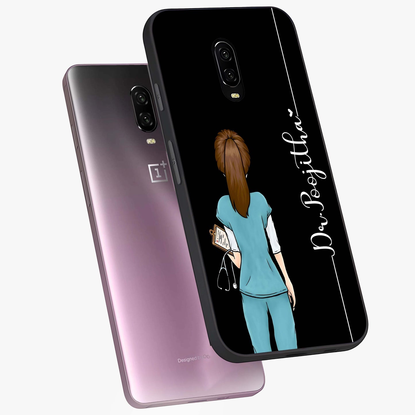 Doctor Pattern Custom Name Glass Case displayed in angled mockup highlighting doctor inspired artwork with custom name feature.