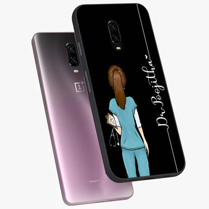 Doctor Pattern Custom Name Glass Case displayed in angled mockup highlighting doctor inspired artwork with custom name feature.