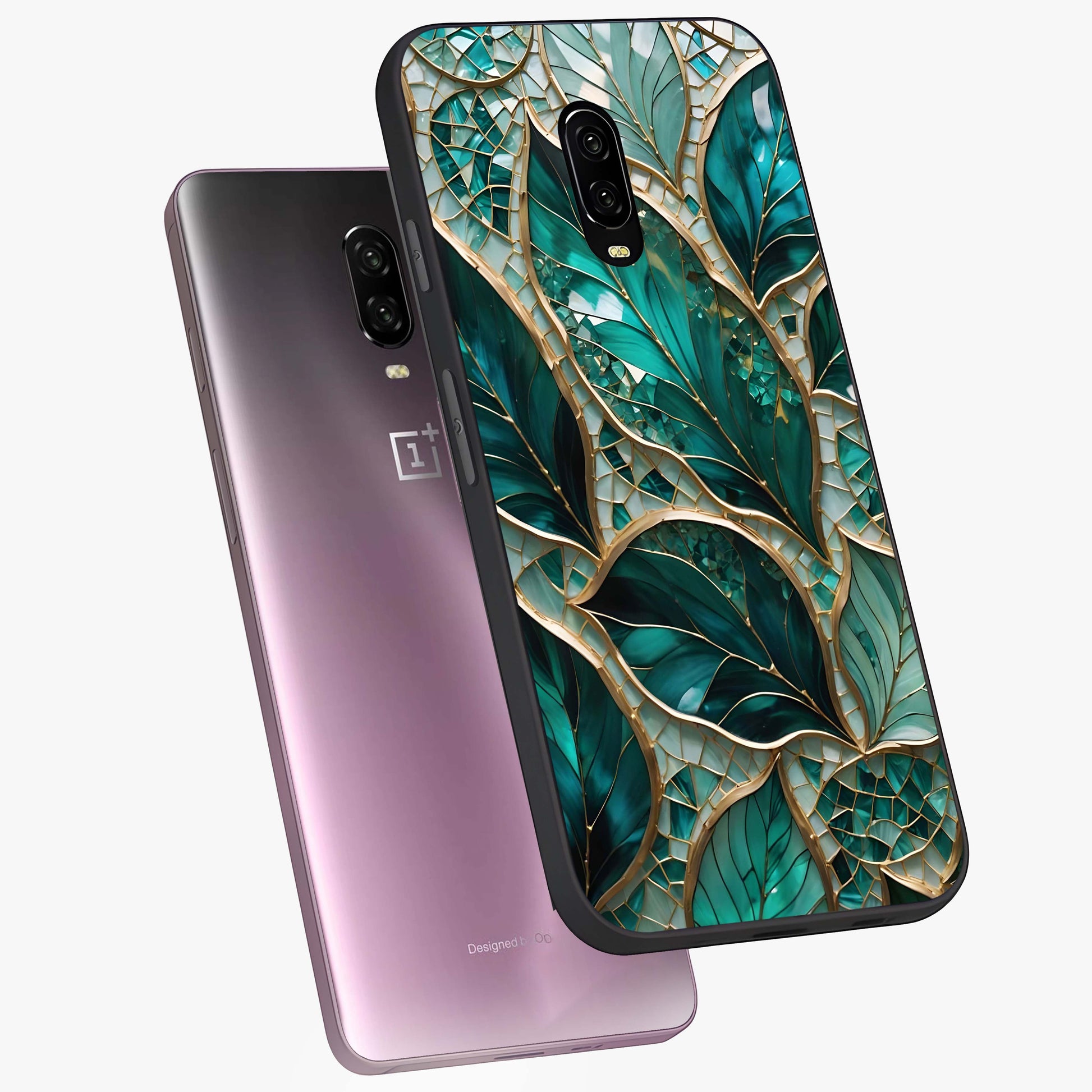 Emerald Leaf Glass Glass Case displayed in angled mockup highlighting botanical leaf illustration with elegant natural aesthetic.