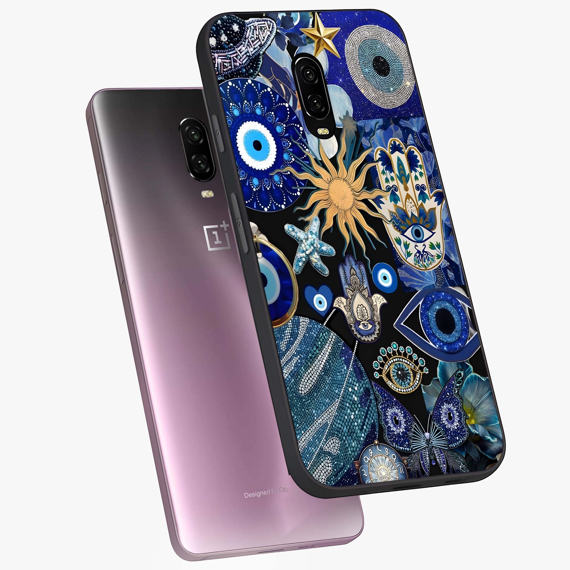 Evil Eye Charm Mix Glass Case displayed in angled mockup highlighting protective evil eye symbols with spiritual aesthetic design.