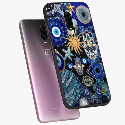 Evil Eye Charm Mix Glass Case displayed in angled mockup highlighting protective evil eye symbols with spiritual aesthetic design.