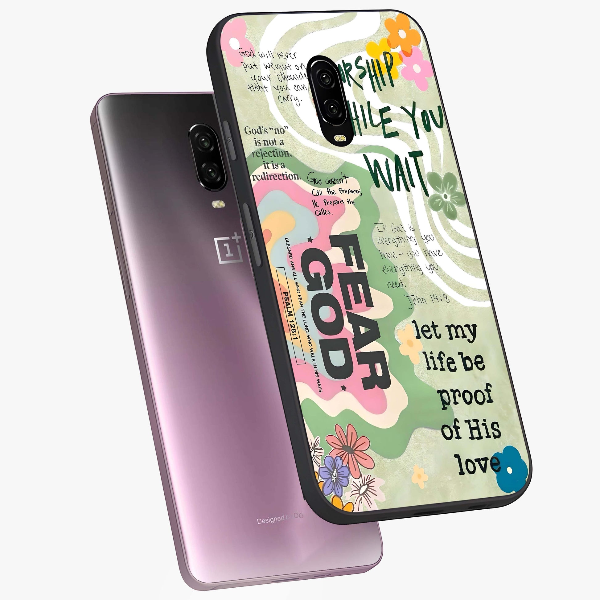 Faith Over Fear Glass Case displayed in angled mockup highlighting inspirational message design with modern aesthetic style.