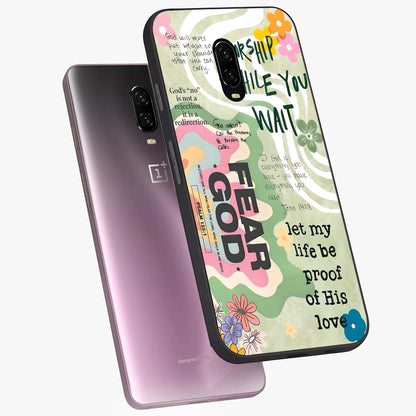 Faith Over Fear Glass Case displayed in angled mockup highlighting inspirational message design with modern aesthetic style.