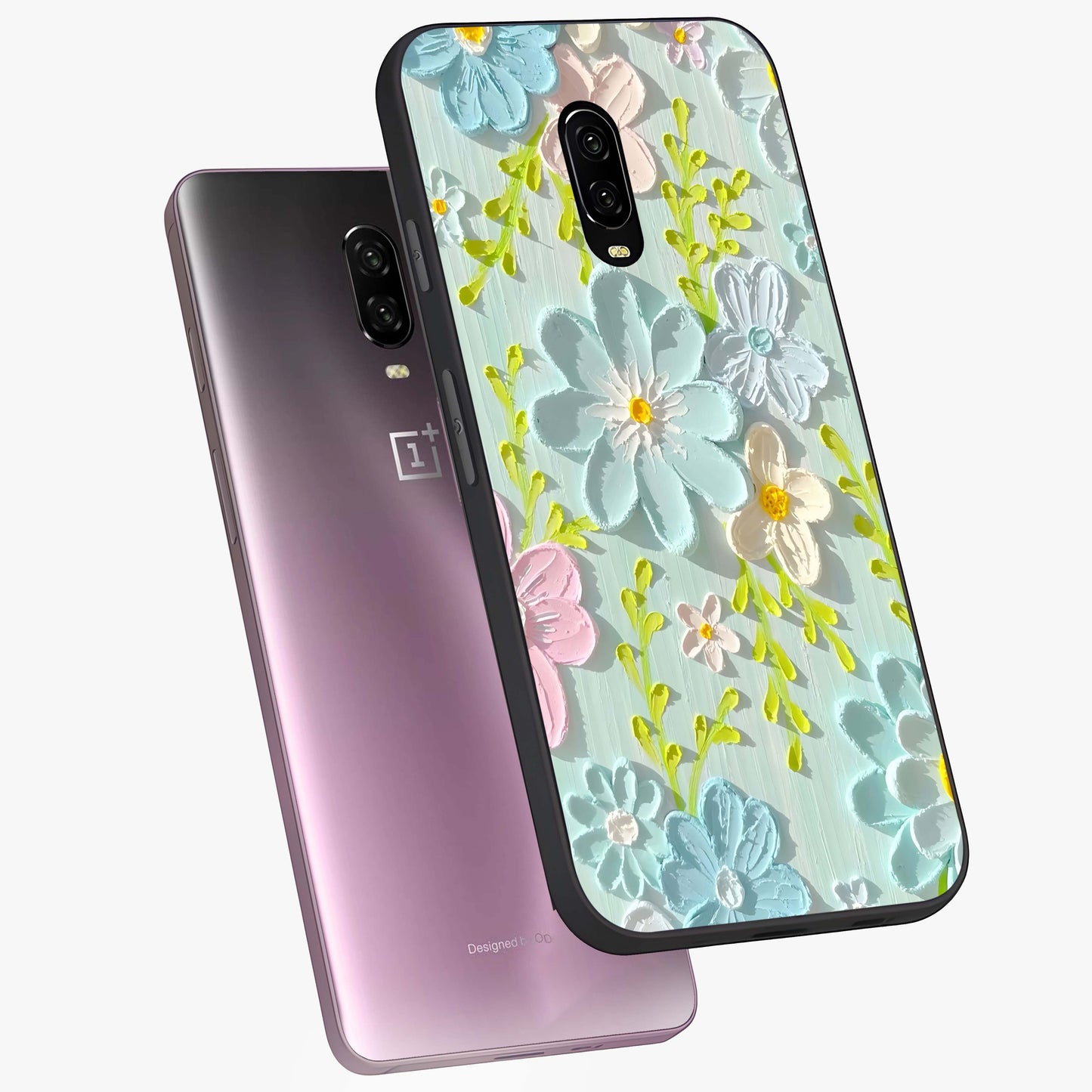 Frosted Petal Garden Glass Case displayed in angled mockup highlighting delicate flower petal design with calm garden aesthetic.