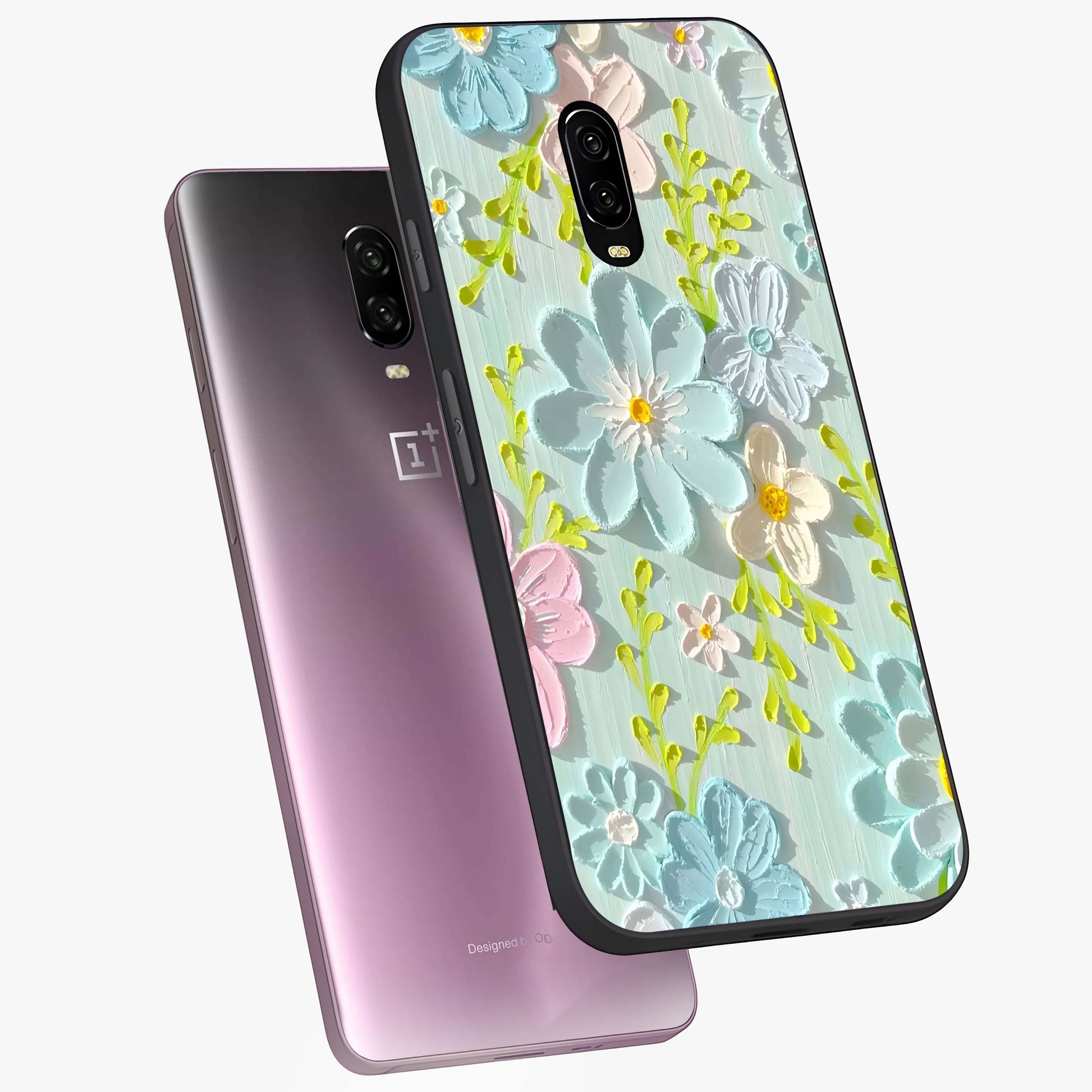 Frosted Petal Garden Glass Case displayed in angled mockup highlighting delicate flower petal design with calm garden aesthetic.