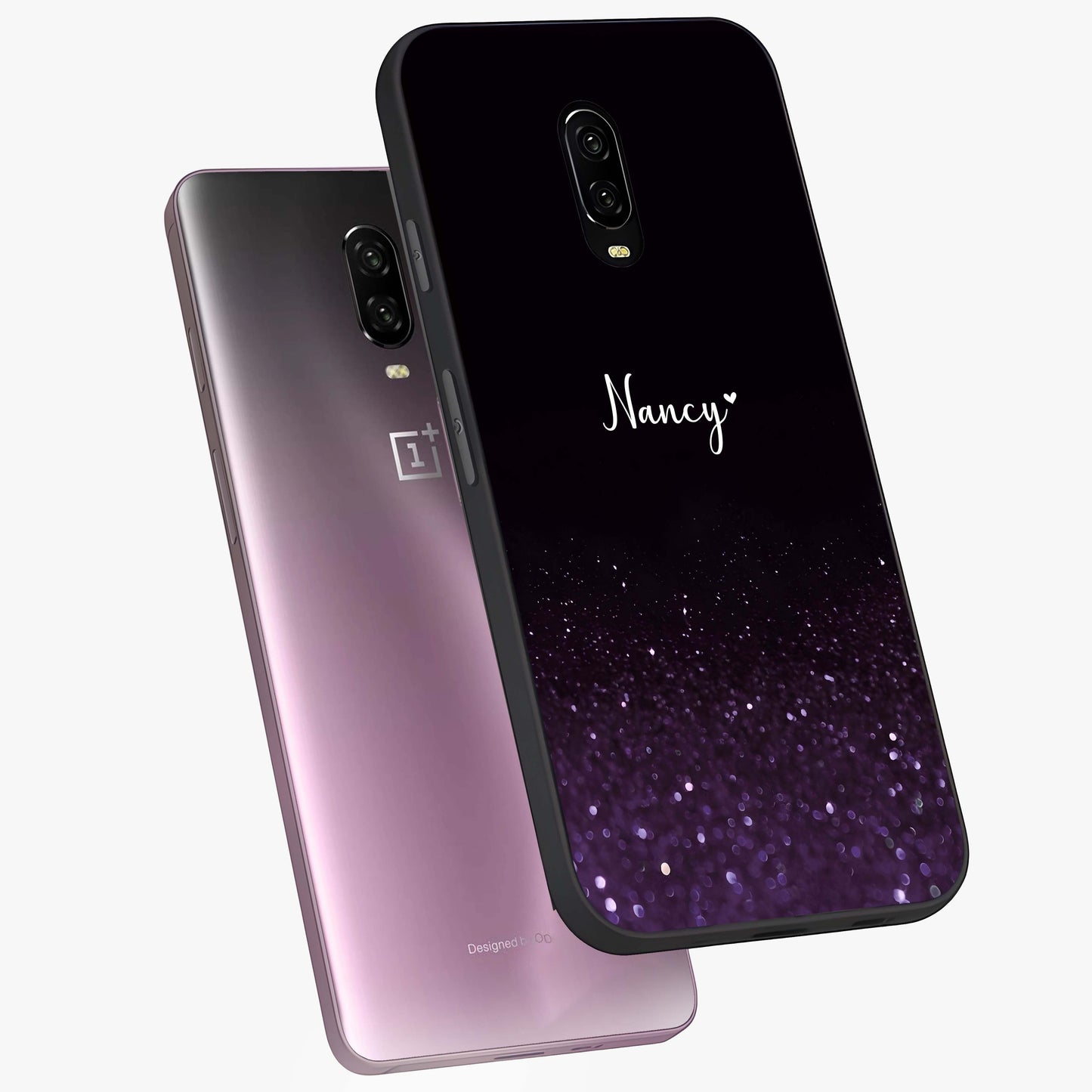 Glittery Purple Bokeh Custom Name Glass Case displayed in angled mockup highlighting glitter bokeh pattern with custom name feature.