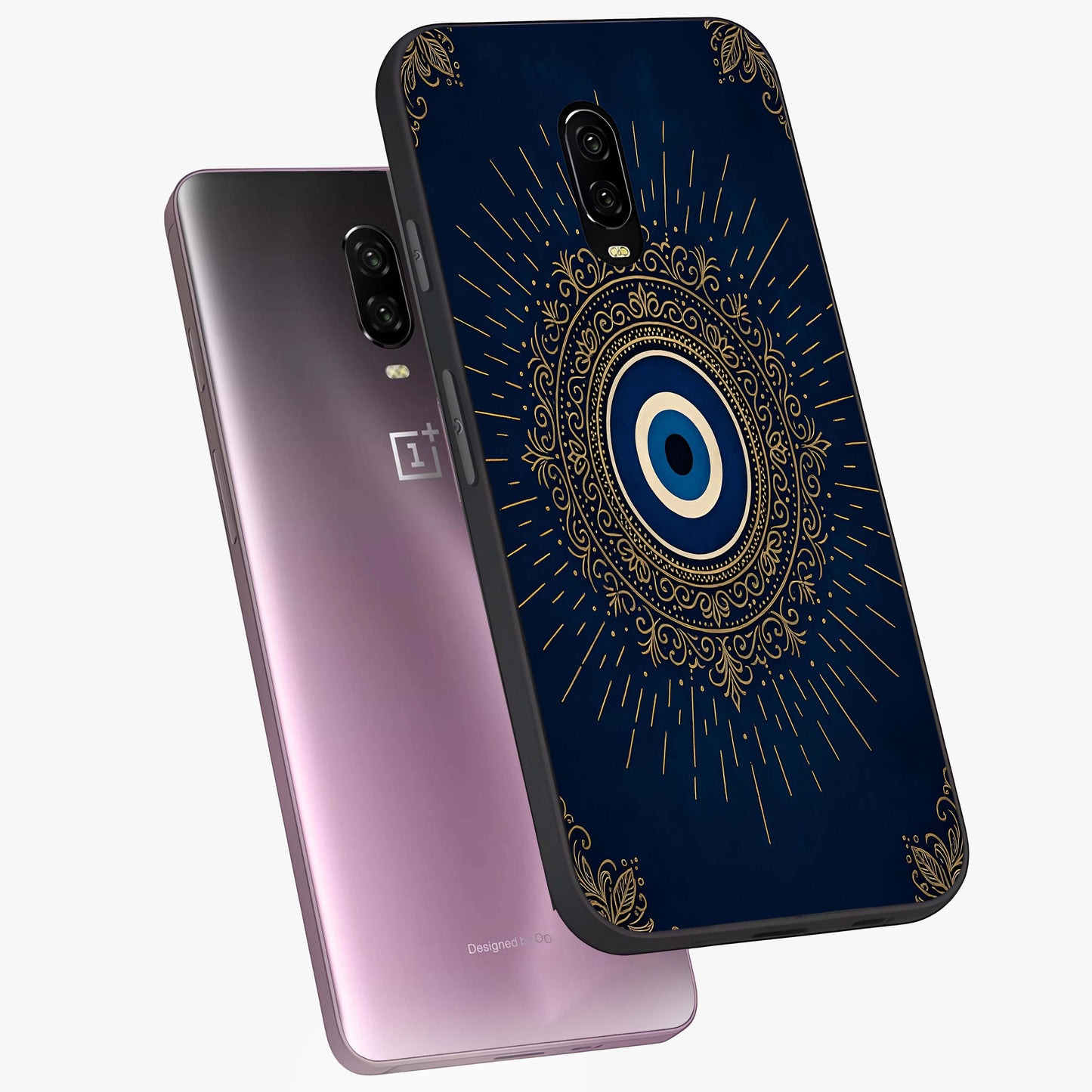 Golden Evil Eye Mandala Glass Case displayed in angled mockup highlighting protective evil eye symbol with golden mandala design.