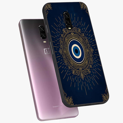 Golden Evil Eye Mandala Glass Case displayed in angled mockup highlighting protective evil eye symbol with golden mandala design.