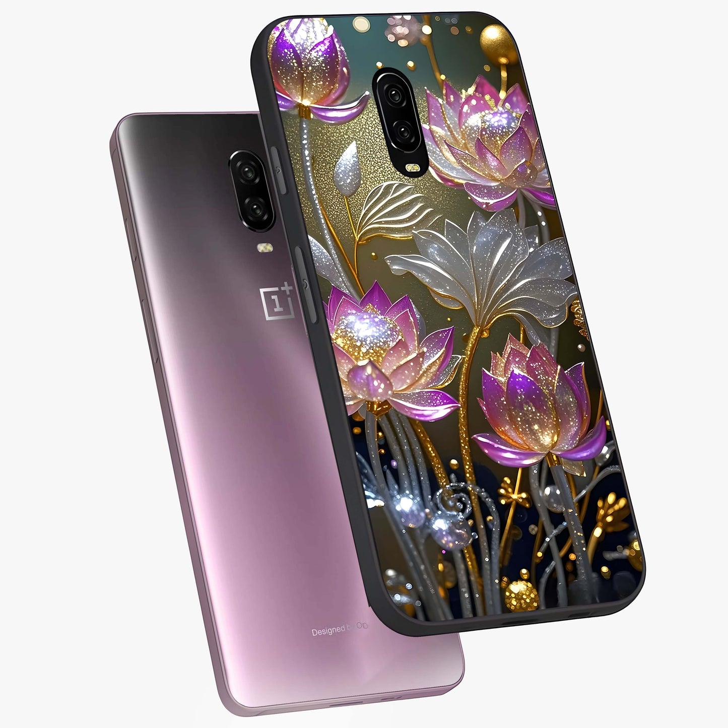 Golden Lotus Glow Glass Case displayed in angled mockup highlighting radiant lotus illustration with spiritual aesthetic.