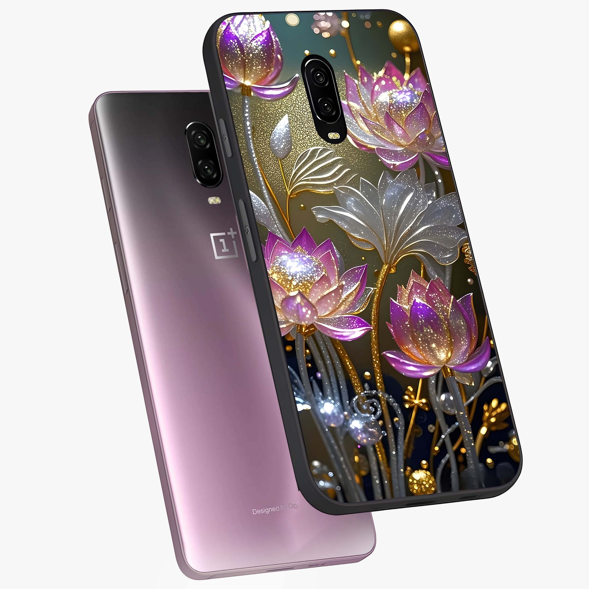 Golden Lotus Glow Glass Case displayed in angled mockup highlighting radiant lotus illustration with spiritual aesthetic.