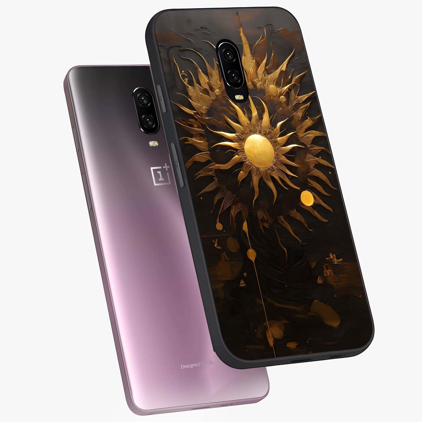 Golden Sun Minimalism Glass Case displayed in angled mockup highlighting eerie shadow illustration with gothic aesthetic.