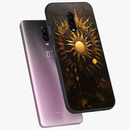 Golden Sun Minimalism Glass Case displayed in angled mockup highlighting eerie shadow illustration with gothic aesthetic.