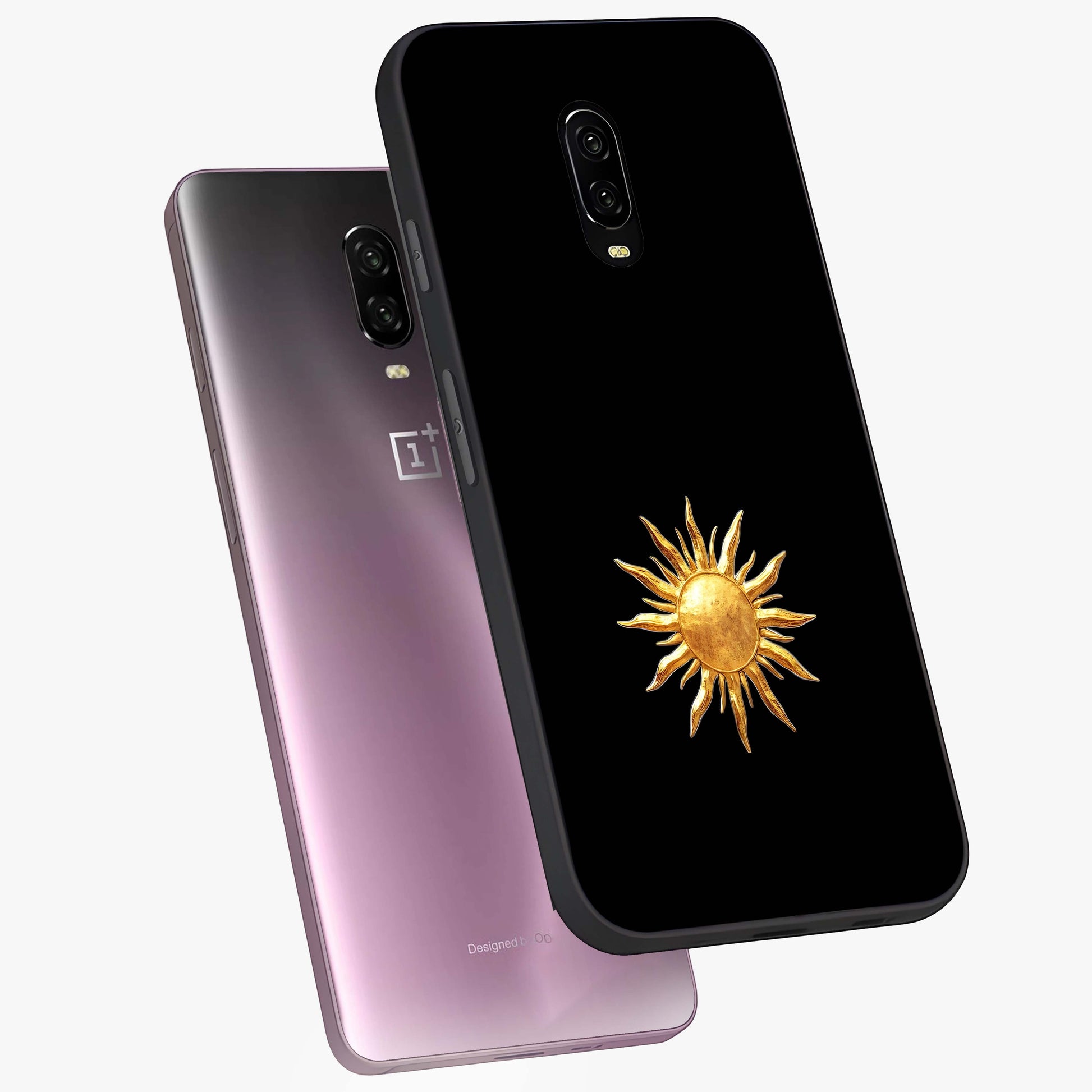 Golden Sun Minimalism Glass Case displayed in angled mockup highlighting clean sun symbol design with modern minimal aesthetic.