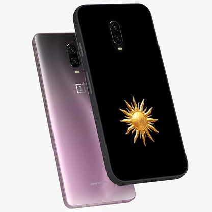 Golden Sun Minimalism Glass Case displayed in angled mockup highlighting clean sun symbol design with modern minimal aesthetic.
