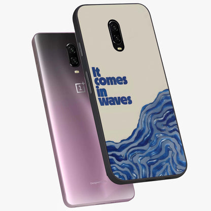 It Comes In Waves Quote Glass Case displayed in angled mockup highlighting ocean wave typography design with aesthetic style.